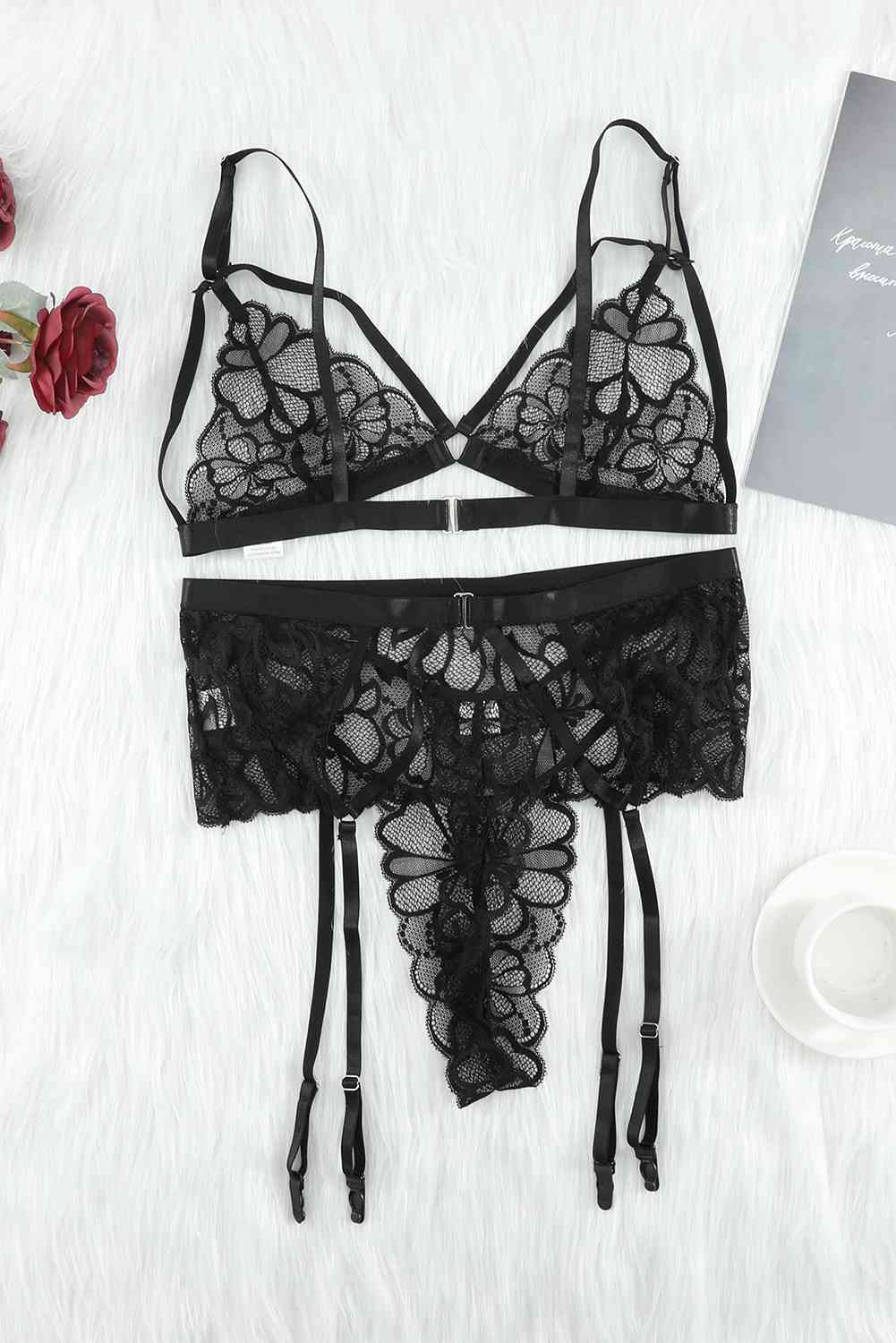 Love Me Three-Piece Lace Lingerie Set - Texture Love and Tangle 